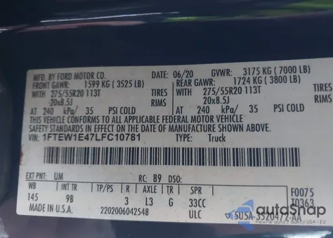 2020 Ford F-150 Platinum из США, поврежденный, VIN 1FTEW1E47LFC10781